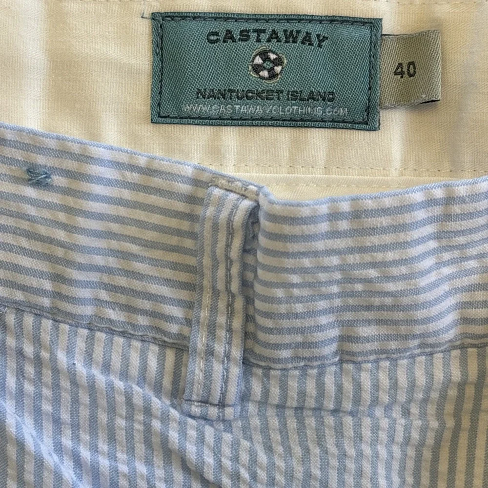 Castaway Nantucket Island Men Embroidered Cape Cod Blue Seersucker Shorts 40x8